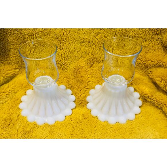 Fenton Vintage Hobnail Milk Glass Clear Votive Glass Candle Holders Set of 2 - Picture 1 of 6